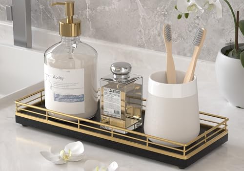Wooden Decorative Tray, Oak 11.2" L Coffee Table Tray for Kitchen Countertop Soap Sponge Holder Candle Nightstand Table Centerpieces for Dining Room Decor Black Gold