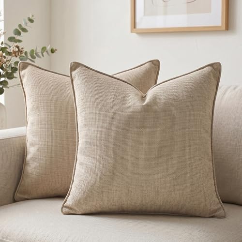 Fancy Homi Set of 2 Taupe 18x18 Inch Soft Chenille Decorative Throw Pillow Covers with Flange Edge, Square Neutral Modern Boho Textured Cushion Case Home Decor for Couch Sofa Bed Living Room