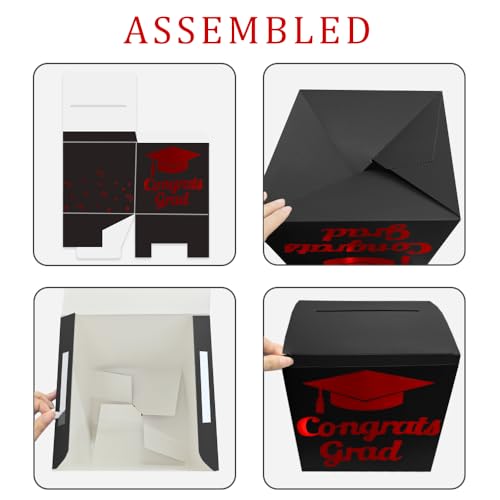 Graduation Card Box Holder, Congrats Grad Foldable Cardboard Decorations Box for Graduation Party Decoration and Grad Parties (Black-red)