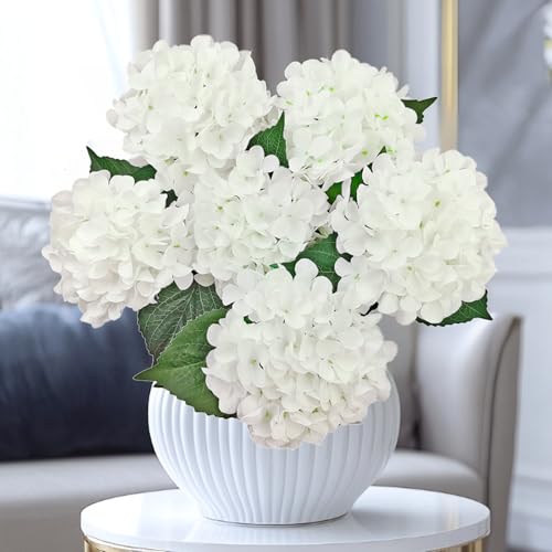 6PCS White Hydrangea Artificial Flowers, Bulk Silk Fake Flower with Stems, Faux Hydrangeas Bouquets for Home Décor, Wedding, Party, and Office Table Centerpieces.