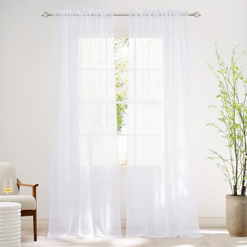 NICETOWN White Sheer 96 inches Long Curtains for Living Room, Rod Pocket Lightweight Drapes Voile Sheer Air & Breathable Window Treatments for Bedroom, W42 x L96, 2 Panels