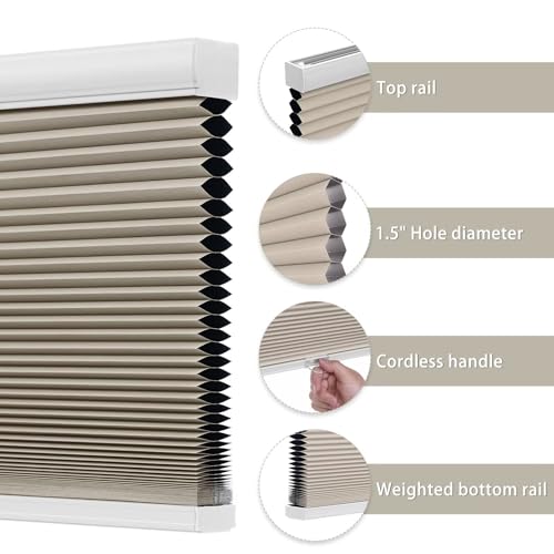 Changshade Cordless Cellular Shades, Blackout Room Darkening Black Out Honeycomb Blinds for Indoor Windows Bedroom, Pull Down Pleated Accordion Blind Easy Install, Shade Size 44" Wx72 H, Beige