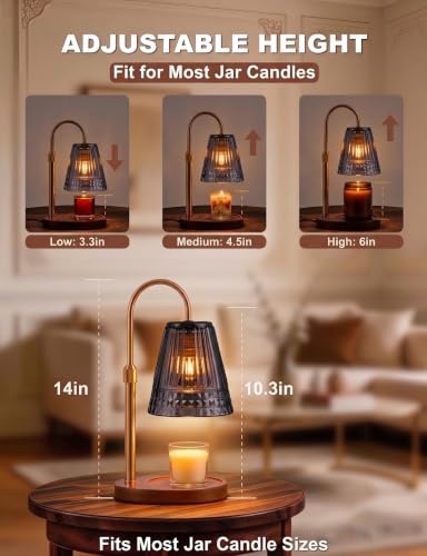 Candle Warmer Lamp with Timer & Dimmer, Adjustable Height Glass Candle Lamps for Jar Candles, Smoky Grey Shade Brass Electric Wax Melter with 4 Bulbs (2 Pack)