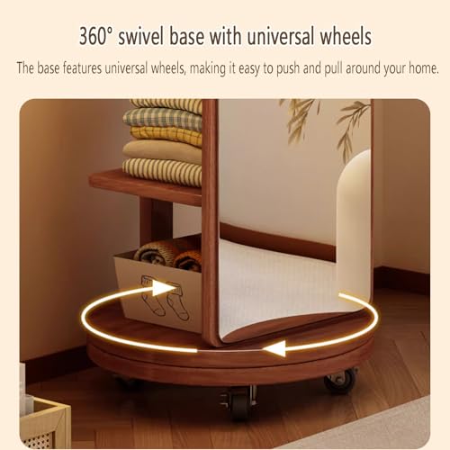 Solid Wood 360° Rotating Full Length Mirror,2-in-1 Floor Mirrors with Coat Rack and Swivel Wheels,2 Tiers of Shelves,with Hooks & Rods,Space Saving for Bedroom(White,45cm/17.7in)