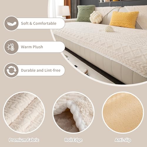 Geometric Jacquard Plush Warm Sofa Couch Cover, Soft Funny Fuzzy Couch Covers, Non Slip Sectional Sofa Slipcover, Cozy Washable Furniture Protector for Kids, Pets (Beige White, 36"x 83")