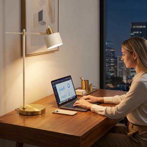 22.2" Modern Desk Lamp, Metal Table Lamp with LED Bulb, Adjustable Reading Lamps for Living Room, Mid Century Task Lamp for Home Office, Industrial Bedside Lamps, Cream and Gold