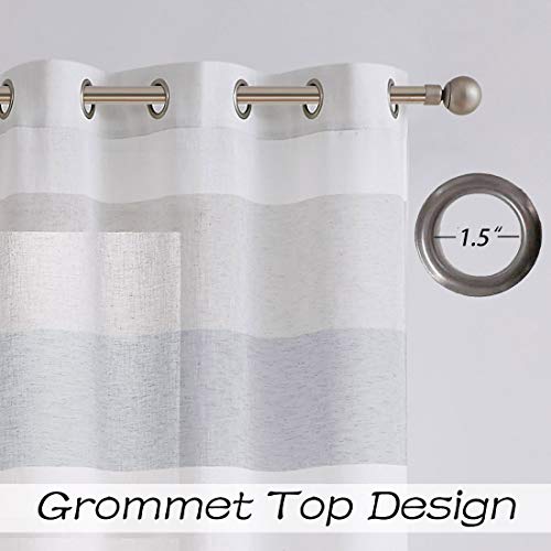 Central Park Gray and Smoke Blue Stripe Sheer Color Block Window Curtain Panel Linen Window Treatment for Bedroom Living Room Farmhouse 84 inches Long with Grommets, 2 Panel Rustic Drapes