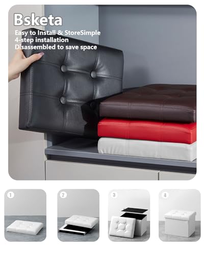 Bsketa Storage Ottoman Bench,17 Inch Folding Leather Foot Rest Stool,White