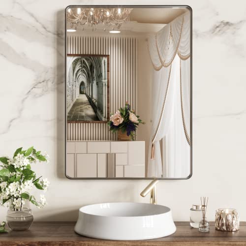 WEER Black Bathroom Mirror 22X30 Inch, Rounded Rectangle Matte Black Bathroom Vanity Mirror, Black Metal Framed Mirror for Wall, Tempered Glass, Anti-Rust, Hangs Horizontal or Vertical