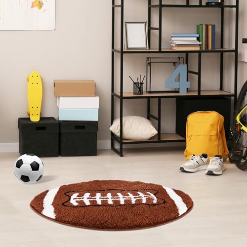 Cute Football Rug for Boys Room 34”x22” Soft Sports Carpet for Kids Bedroom Decor Non Slip Washable Playroom Area Rug Fun Touchdown Mat Plush Athlete Themed Gift
