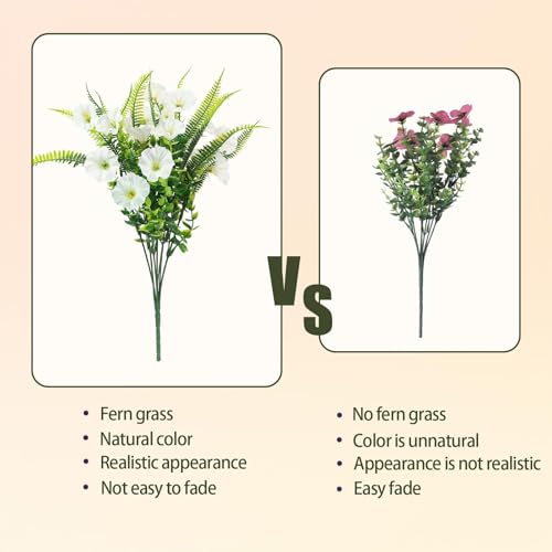 Artificial Flowers for Outdoors 12 Bundles White Artificial Petunias Fake Flowers UV Resistant Shrubs Plants with Fern for Indoor Outside Hanging Planters Home Garden Spring Summer Decorations