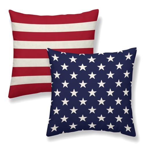 4th of July Pillow Covers 18 x 18 Inch Set of 2 Patriotic Red Stripe Navy Blue Stars Throw Pillows Independence Day Memorial Day Outdoor Decorative Pillowcase Linen Cushion Cases for Bed Sofa Couch
