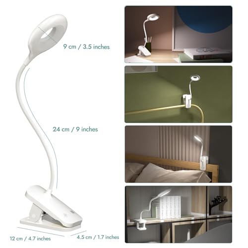 Clip on Reading Light for Bed Headboard, Rechargeable Battery Clamp on Bunk Bed Light, 5 Colors 5 Brightness Flexible Neck Desk Lamp, Eye Protect LED Touch Control Book Lights at Night for Kids