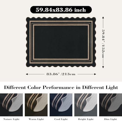 Scalloped 5x7 Rug for Living Room, Easy Jute Washable Outdoor Patio Carpet, Farmhouse Indoor Black Geometric Rug Neutral Non Slip Carpet for Living Room Backyard