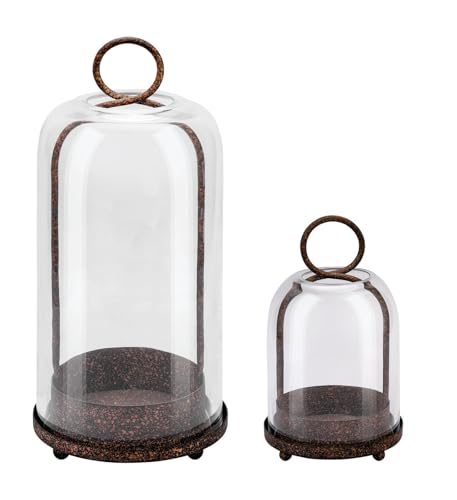 5" & 4" Wide Versatile Metal Candle Holder in Rustic Brown with Handmade Thick, Heavy & Sturdy Glass Dome for Pillar Candle, Industrial, Modern, Shelf, Mantel, Veranda, Porch