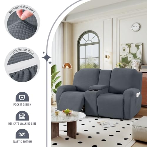 TAOCOCO Loveseat Recliner Cover with Middle Console, Stretch Loveseat Cover for 2 Seat Recliner Couch, Jacquard Reclining Sofa Covers Loveseat Slipcover Furniture Protector, Grey