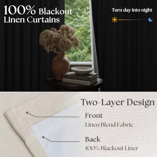 90 Inch Pinch Pleated Blackout Linen Curtains for Bedroom 2 Panels Memory Trained 100% Black Out Soundproof Room Darkening Natural Cream Ivory Birch Window Curtains Double Layer Pinch Pleat Drapes