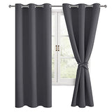 Hiasan Grommet Blackout Curtains for Bedroom, 42 x 63 Inches Length - Thermal Insulated & Light Blocking Window Curtains for Living Room, 2 Drape Panels Sewn with Tiebacks, Dark Grey