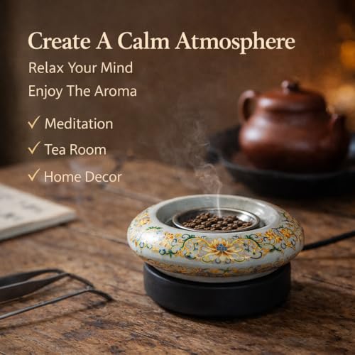 Ceramic Holder Electric Incense Burner Enamel Entwined Lotus Simulate Flames, Classical, Elegant and High-end Hollow Design