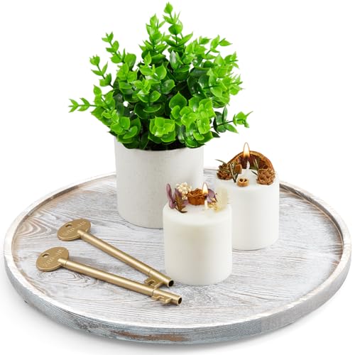 12 Inch Wood Round Tray, White Washed Wooden Decorative Bathroom Coffee Table Tray Centerpiece Candle Holder for Farmhouse Kitchen Dining Room Home Decor Coffee Table Decor and Accessories