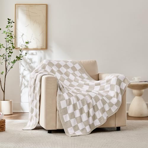 Checkered Throw Blanket, Taupe Soft Cozy Fluffy Knitted Throw Blankets for Couch, Sofa, Bed, Chair, Warm Fuzzy Travel Picnic Lightweight Plaid Blanket, 50x70 inches