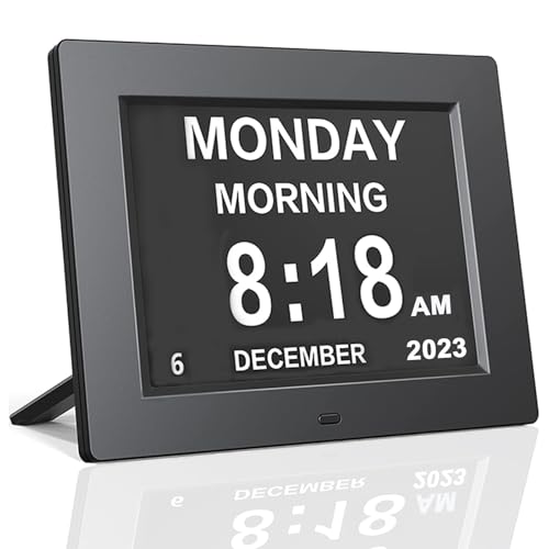 Johnziny 8 Inch Digital Calendar Day Clocks for Seniors-8 Alarms, Auto-Dim, Digital Clock Large Display Date and Day,Dementia Clocks for Seniors,Electronic Calendar with Large Number Black
