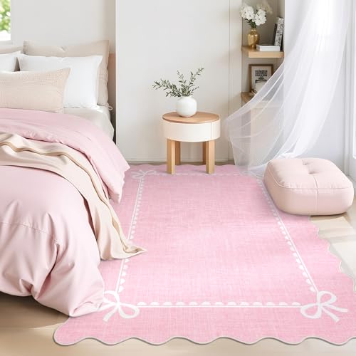 GarveeHome Scalloped Bow Rug for Living Room, Solid Pink Rug for Dorm, Washable Rugs 5x7 Soft Low Pile Non Slip Scalloped Rugs for Nursery College Bedroom Decor Kids Room Playroom