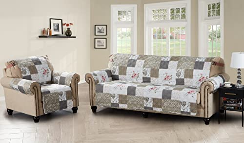Brilliant Sunshine Pink Rose and Grey Toile Couch Cover, Patchwork Design, Sofa Cover for Dogs, Slip Resistant Furniture Protector with Strap, Washable Slipcover for Kids and Pets (70" seat)