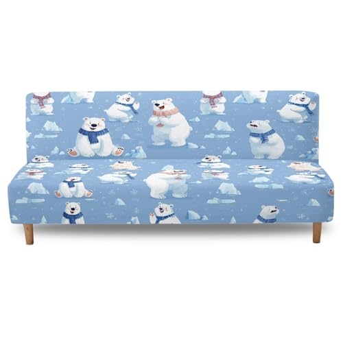 Polar Bear Print White Blue Dustproof Futon Covers, Cozy Sofa Bed Slipcovers, Mattress Cover for Futon Sofa Bed, Armless Sofa Cover with Elastic Bottom for Pets, Dogs
