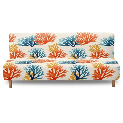 Colorful Coral Futon Cover Without Arms Non-Slip Full Size Armless Futon Couch Cover Replacement for Hotel Living Room Bedroom Sofa Bed Furniture Protector Slipcover