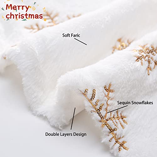Christmas Tree Skirts 36inch Faux Plush White Tree Skirt Double Layers Gold Snowflakes Tree Skirt Cover Fluffy Round for Holiday Party Christmas Tree Decorations