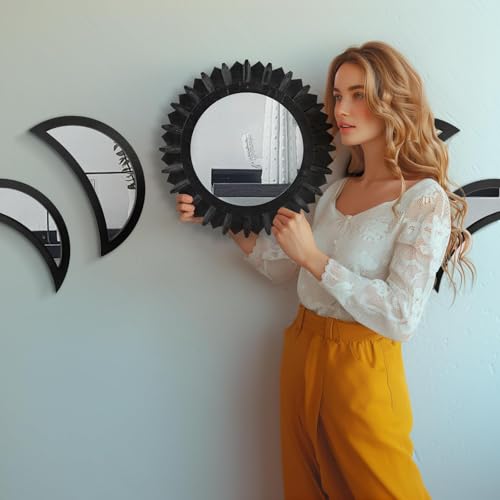 WAKOSAN Moon Phase Wall Mirror Set, 5PCS Wooden and Real Glass Mirrors | Bohemian style bedroom decor, crystal clear reflection, for living room apartment, multi-angle vertical horizontal hanging