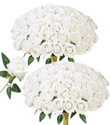 HyeFlora 50 PCS White Roses Artificial Flowers, Fake Roses with Stems Realistic Silk Roses for DIY Wedding Bouquets Tables Centerpieces Arrangements Party Baby Shower Birthday Home Decor Gift for Her