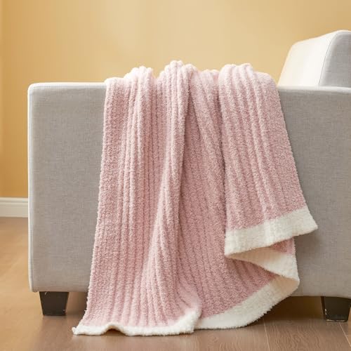 Snuggle Sac Summer Pink Throw Blanket for Couch, Soft Cozy Ribbed Fluffy Blankets for Women, Warm Microfiber Knit Cute Throws for Girls Daughter Gifts, Pink, 50x60 inches