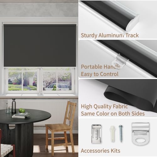 MYshade Blackout Cordless Roller Shades, Room Darkening Free-Stop Roll Up Blinds for Windows, Pull Down Blocking Blind for Home and Office, Easy to Install, 30" W X 72" H, Black