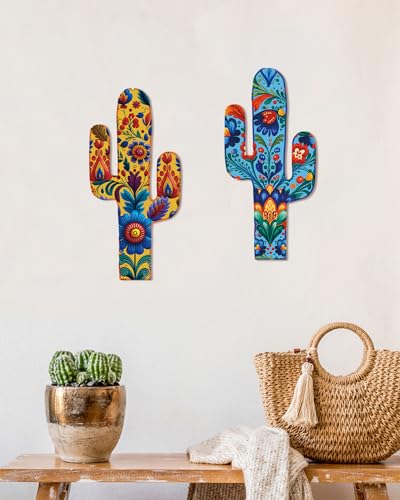 Putuo Decor Aztec Cactus Wall Decor Set of 2, Western Wooden Home Decor, Farmhouse Rome Decor Mexican Wall Art for Living Room, Bedroom, Kitchen, Office