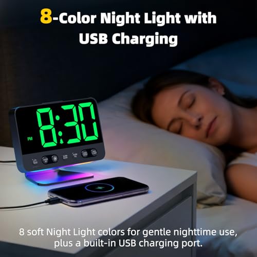 AuroraCalm Digital Alarm Clock with Large Numbers for Bedrooms: Bold Display Readable Across The Room with 5 Level Brightness - 5 Alarm Sounds 8 Night Lights for Kids Seniors Teens - Green