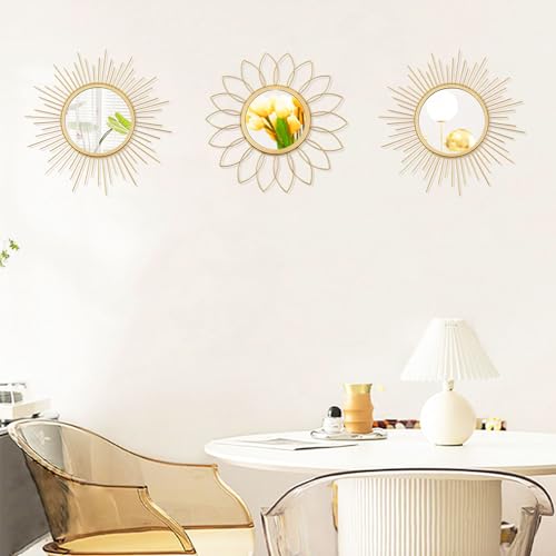 3 Pack Metal Mirrors for Wall Sunburst Wall Mirrors Home Décor Decorative Hanging Wall Art for Living Room Bedroom Entryway (Gold, Flower+Sunburst)