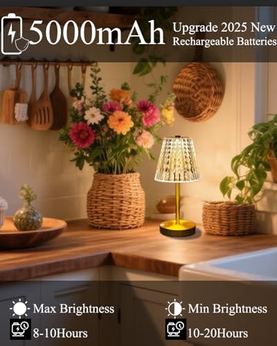 Gold Cordless Table Lamp Rechargeable,5000mAh Battery Operated Lamps,Mini Small Crystal Table Lamp for Restaurant Dining Bathroom/Kitchen Counter/Rechargable Touch Lamp for Home Dinner Shower Lamp