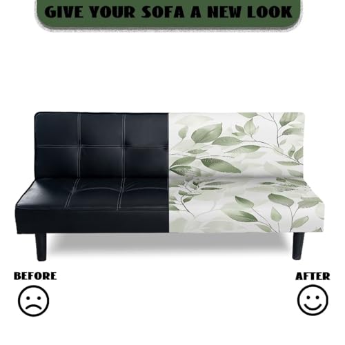 Green Leaves Futon Cover Stretch Armless Futon Couch Cushion Cover Washable Non-Slip Sofa Bed Slipcover with Elastic Bottom for Home Indoor Living Room Furniture Protector