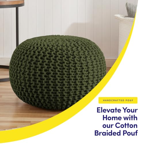 Pouf Ottoman Foot Rest Stuffed – 20” Diameter x 14” Tall Cozy Floor Pouf for Living Room, Bedroom, Nursery & More – 100% Cotton Knit Shell, EPS Bead Filled Footrest & Accent Chair, Green