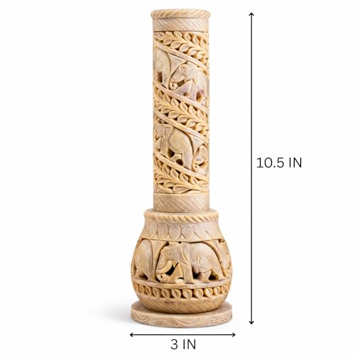 Carry Me Hand Carved Soapstone Incense Stick Holder | Candle Burner | Tea Light Stand. Elephant Jaali Carving Bottle Shape. Decorative Home and Kitchen Decor - (3x3x10.5 Inches)