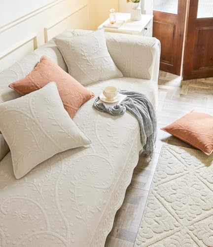 Leaf Floral Cotton Quilted Dog Couch Cover for Sofa Farmhouse Rustic Embroidered Sectional Couch Cover Soft Anti-Slip Sofa Slipcover Furniture Protector for Kids, Pets (Beige,28"x28")