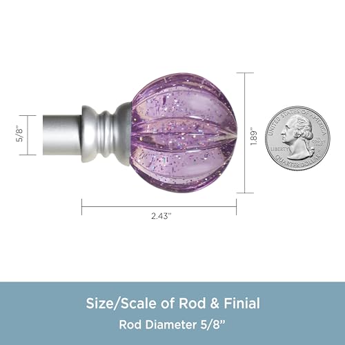 Kenney – Estrella Curtain Rod, Durable Steel with Purple Sparkle Fluted Acrylic Ends, 5/8" Diameter, Adjustable 28–48", Brushed Nickel Finish