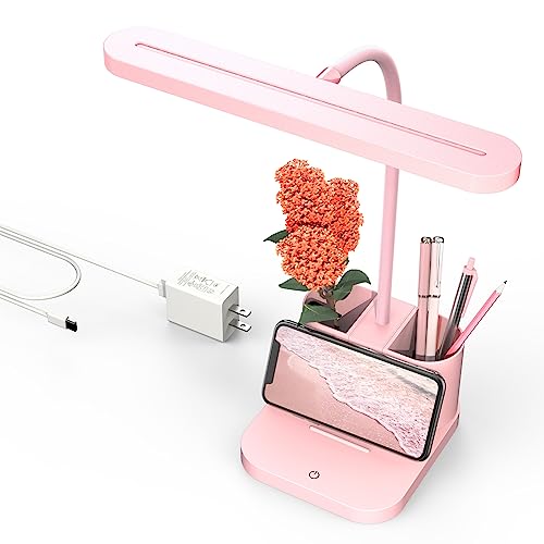 Pink Desk Lamp for Home Office, Cute Table Lights for Bedrooms, Kawaii, Dimmable LED, Flexible Gooseneck, Pen Holder, Touch Control, Room College Dorm Essentials for Teen Girls Kids