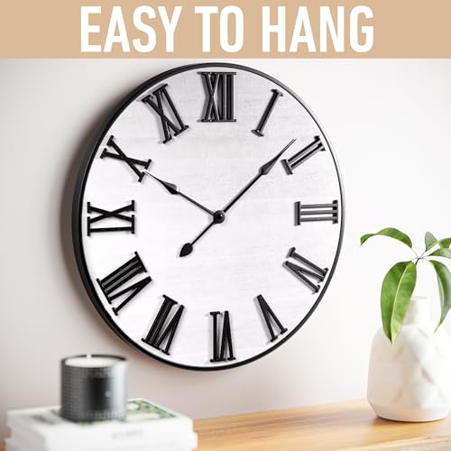 Large Wall Clock 24" Round - Silent Metal & Wood Large Farmhouse Wall Clock For Living Room Decor with 3D Roman Numerals - No Ticking - Noiseless Big Wood Decorative Clocks for Living Room Decor