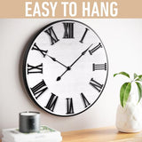 Large Wall Clock 24" Round - Silent Metal & Wood Large Farmhouse Wall Clock For Living Room Decor with 3D Roman Numerals - No Ticking - Noiseless Big Wood Decorative Clocks for Living Room Decor