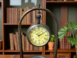 Antique Brass Desk Clock with Compass, Victoria London 1876 Analog Vintage Table Clock on Wooden Base