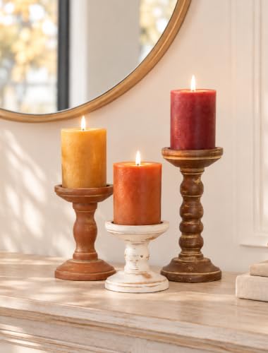 Romadedi Solid Wood Pillar Candle Holder, Set of 3, Mixed Earth Tones