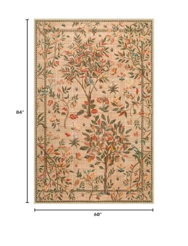 Machine Washable Area Rugs 5x7, Boho Floral Dining Room Rug Non Slip, Soft Low-Pile Flower Indoor Floor Throw Carpet for Living Room Home Office Playroom Foyer, Brown